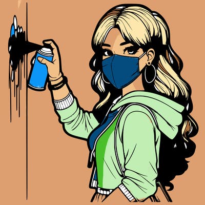 realistic girl with mask spray painting a wall