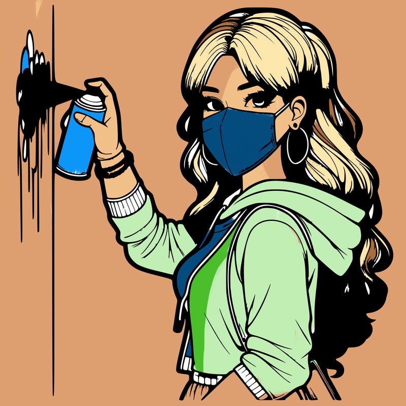 realistic girl with mask spray painting a wall