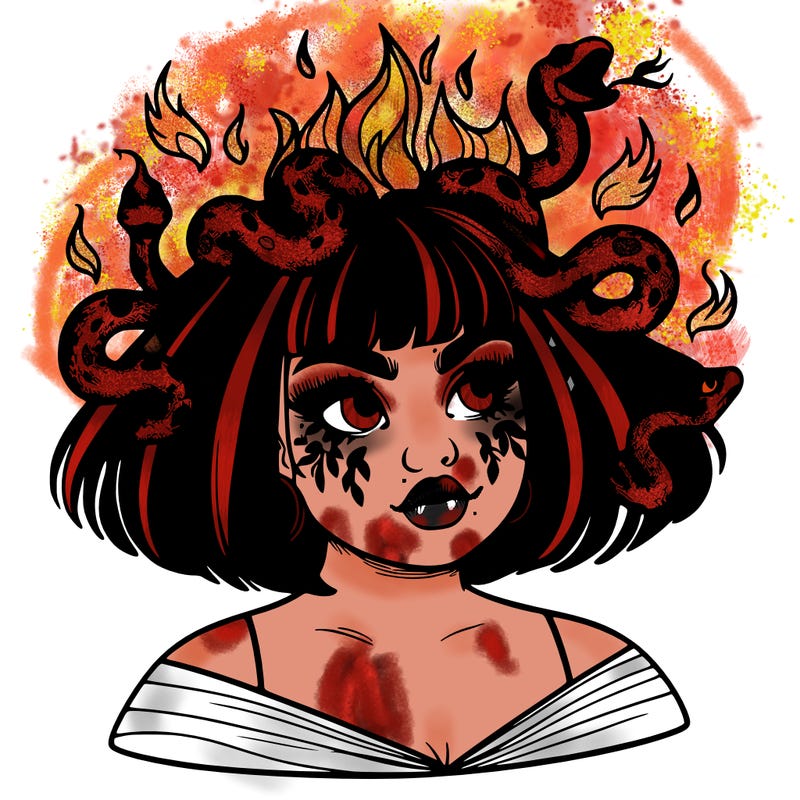 a plus size girl with short hair and snakes coming off her head like medusa, and flames in her eyes, beautiful and realistic