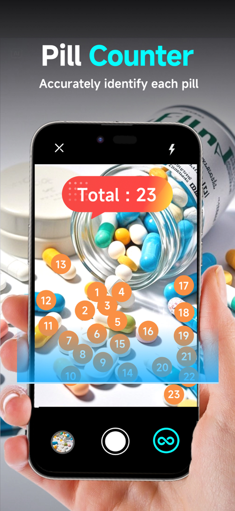 Smartphone using the GO Count Object app to automatically identify and count 23 pills in a glass jar.