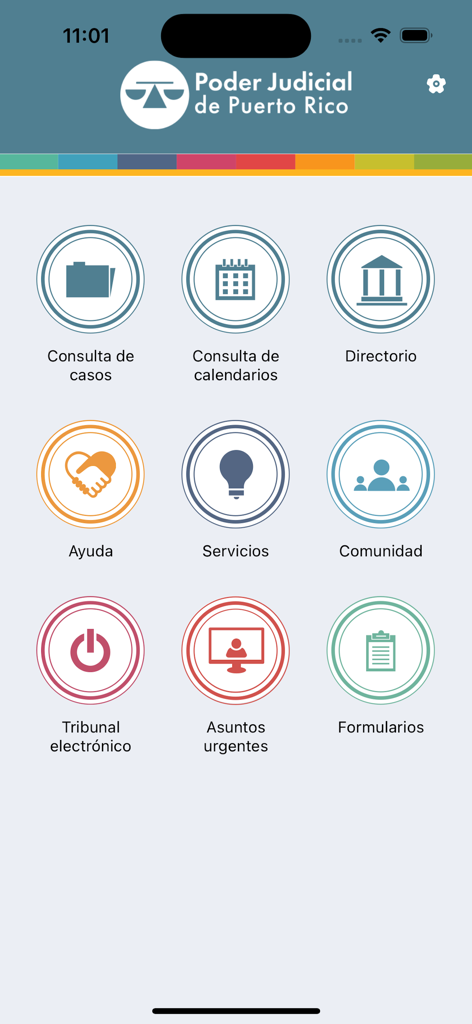 Poder Judicial de Puerto Rico - Main menu of the Puerto Rico Judicial Branch mobile app showing options for case searches and court services