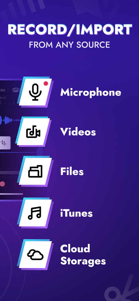 Audio Editor Tool: Edit Music - マイク、ビデオ、ファイル、iTunes、クラウドストレージなど、オーディオのインポートと録音ソースのリスト。