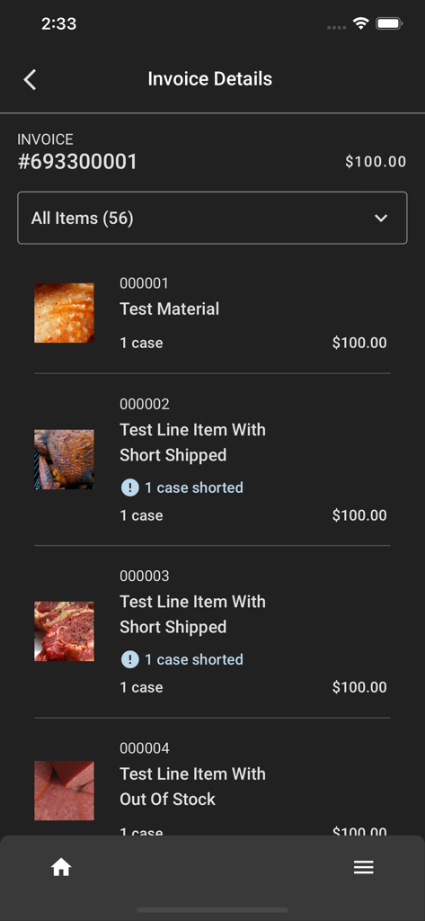 Gordon Now app interface showing invoice details with short shipped and out of stock alerts for a food order.