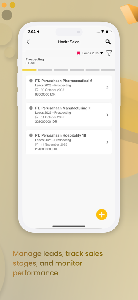 Hadirr app interface displaying sales leads and prospecting deals for business management