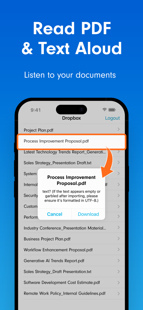 Voicepaper app interface showing a PDF being imported from Dropbox for text to speech playback.