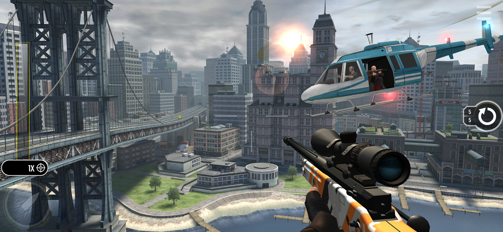 First-person perspective of a sniper rifle in a 3D city combat mission with a helicopter.