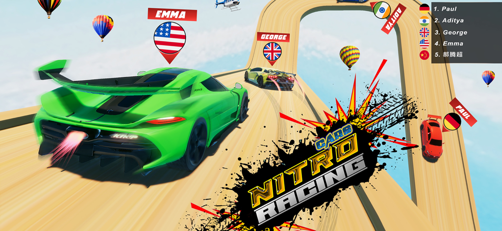 Nitro Cars Racing Games Pro - Ein grüner Supersportwagen rast auf einer hölzernen Himmelstrecke mit Heißluftballons und Spieler-Ranglisten.