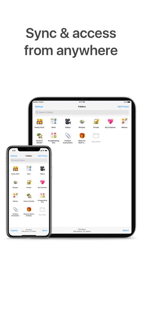 Interfaz de la aplicación Utiful que muestra carpetas de fotos sincronizadas en iPhone y iPad
