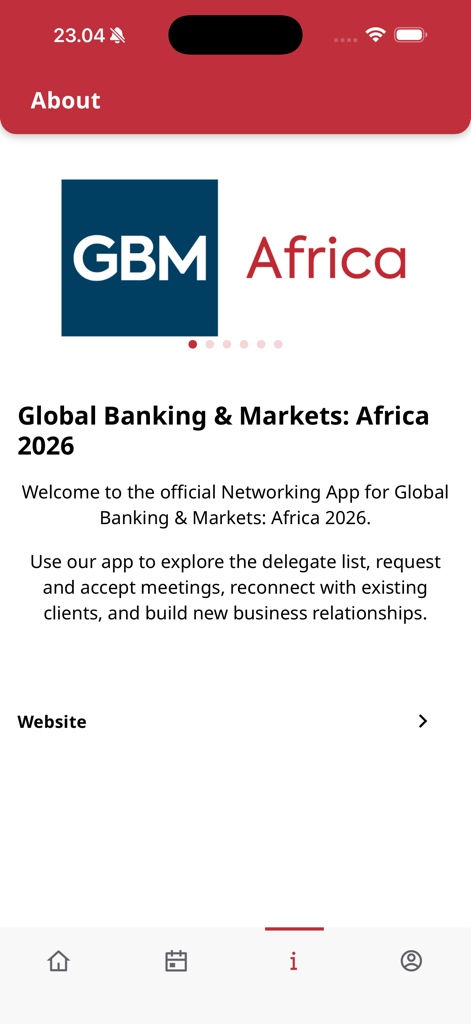 Global Banking & Markets - Pantalla Acerca de de la aplicación de networking Global Banking and Markets Africa 2026.