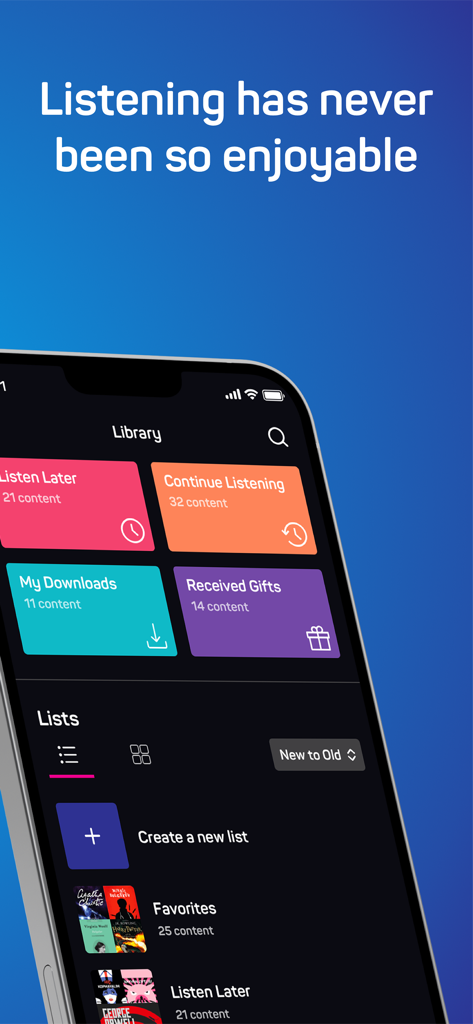 Dinlebi: Audiobook - User library interface of the Dinlebi audiobook app showing categories like Listen Later and Continue Listening