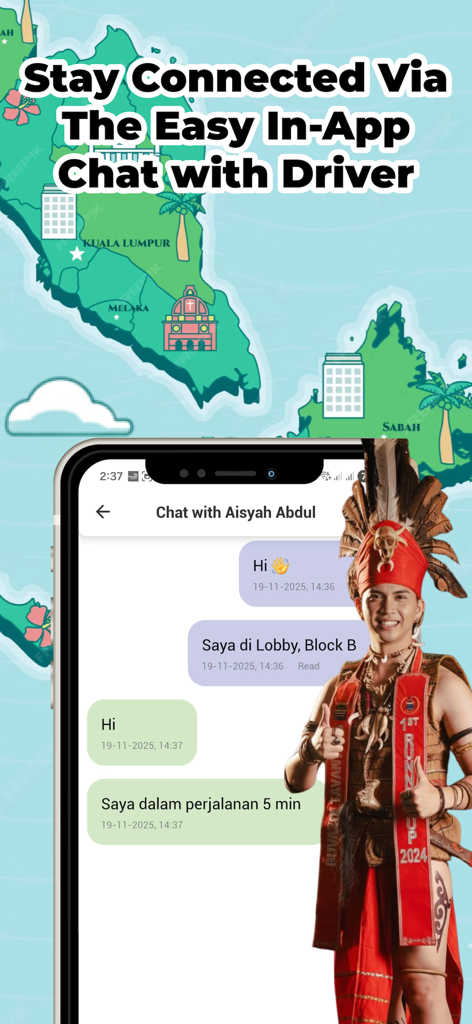 MyCar Passenger - In-app chat interface of MyCar Passenger app showing a message exchange between a rider and a driver