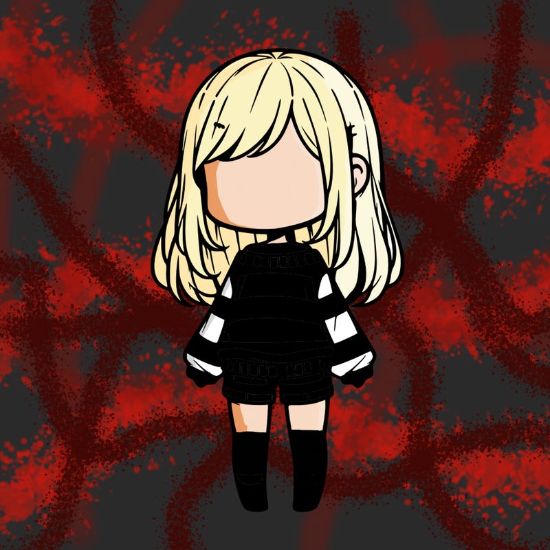 chibi girl with no face long hair striped long sleeved shirt and shorts