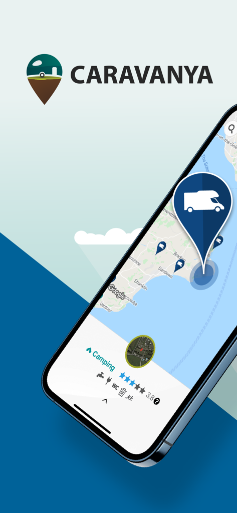 Caravanya - Caravanya app on a smartphone showing a map with camping site pins and location details.