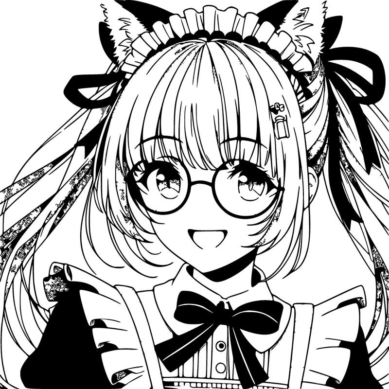 anime girl with her hair tied in ponytail wearing a maid cafe outfit with cat ears smiling and glasses