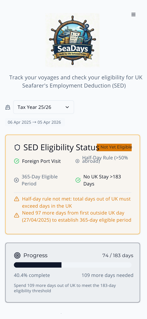 SeaDays - Seafarer Tracker - SeaDays app interface tracking voyage days and tax deduction eligibility status.