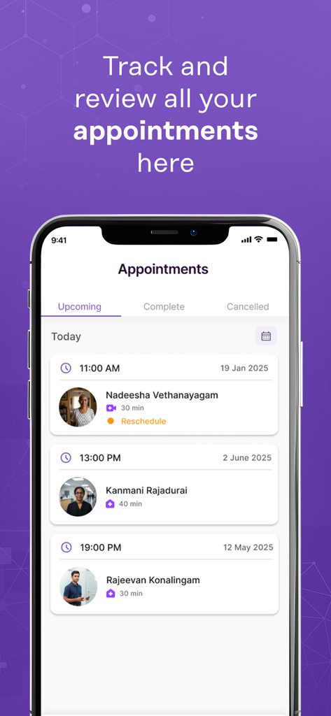 MediMan Doctor - MediMan Doctor app interface showing a list of upcoming patient appointments with times and details