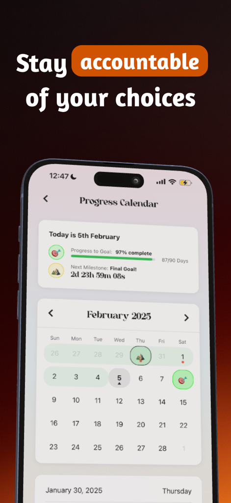 A mobile screen showing the Unchaind app progress calendar and a 90 day goal tracker