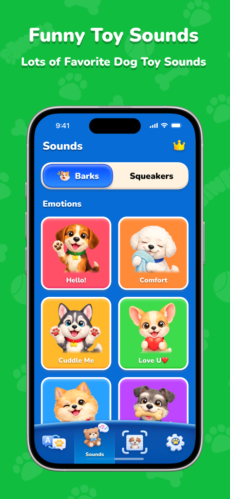 PawTok: AI Dog Translator - PawTok app interface showing a sound library of dog barks categorized by emotions like Hello and Love U with cute dog illustrations.