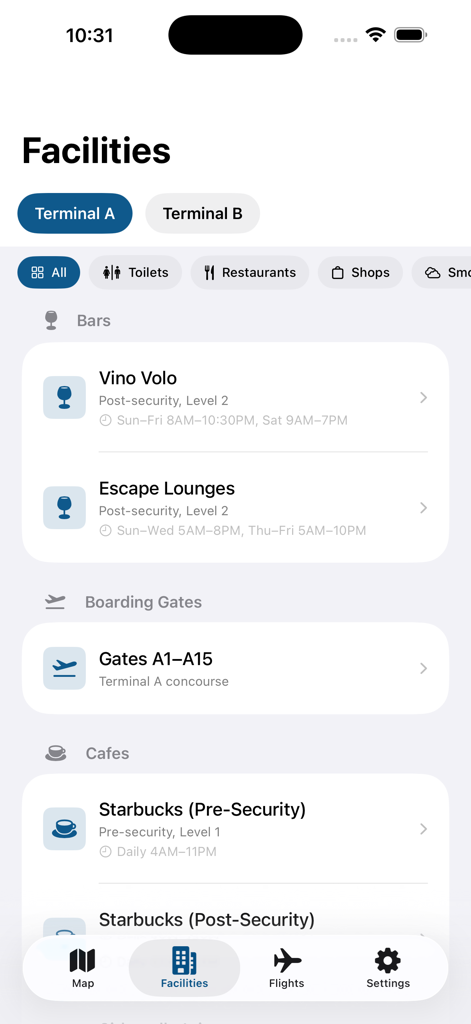 Sacramento Intl SMF Airport - Sacramento Intl SMF Airport app interface showing facilities in Terminal A including bars, boarding gates, and cafes