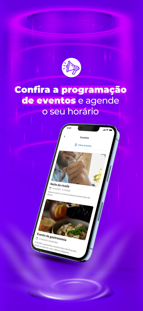 Salvador Norte - Smartphone displaying the event scheduling and booking interface of the Salvador Norte app on a purple background.