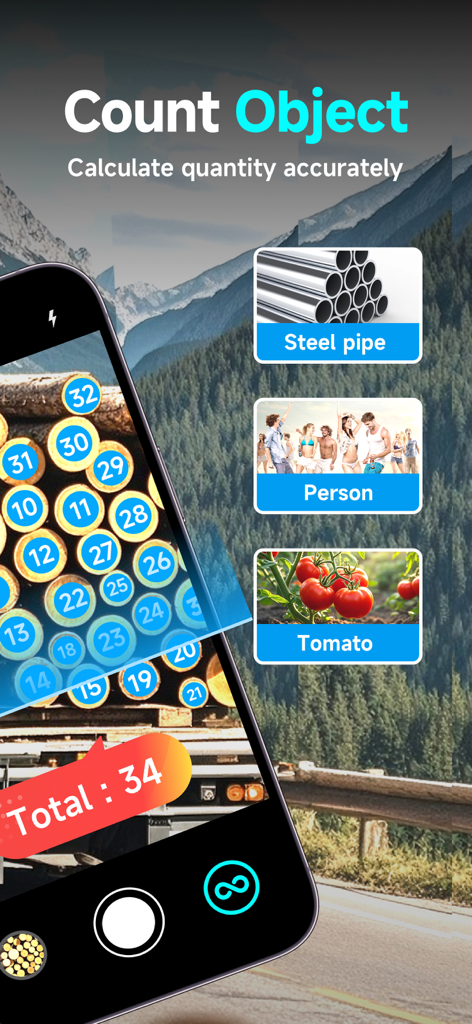 GO Count Object app showing automated counting of logs on a smartphone screen with categories for steel pipes and tomatoes.