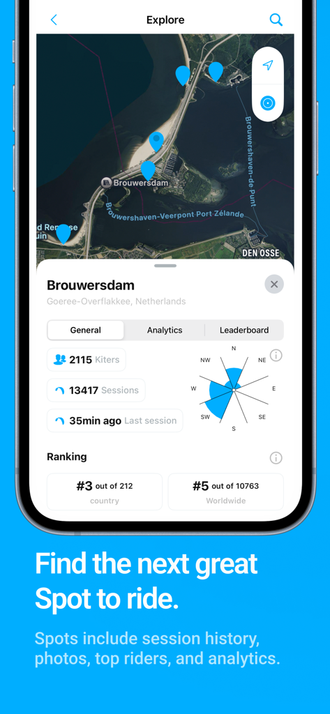 WOO Sports - WOO Sports app map interface displaying kiteboarding spot analytics and rider rankings for Brouwersdam