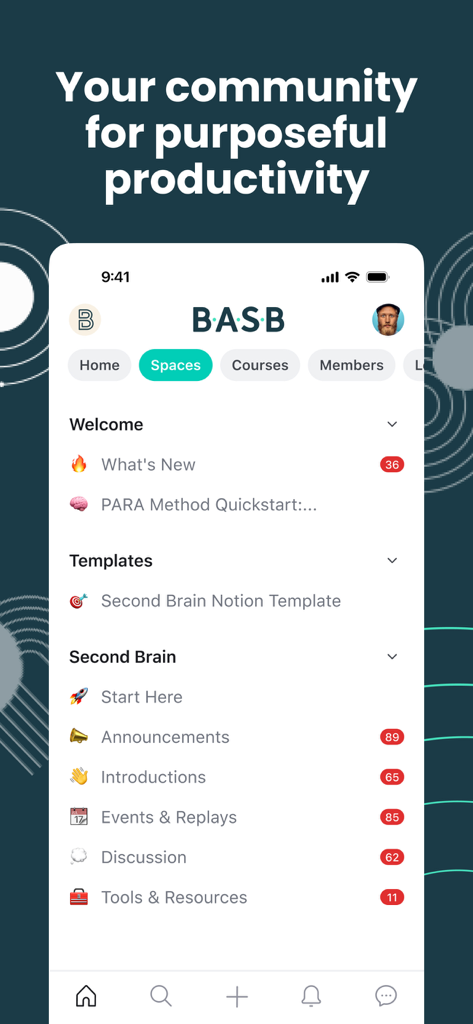 L'interfaccia dell'app Building a Second Brain che mostra la scheda degli spazi della community con risorse di produttività e sezioni di apprendimento