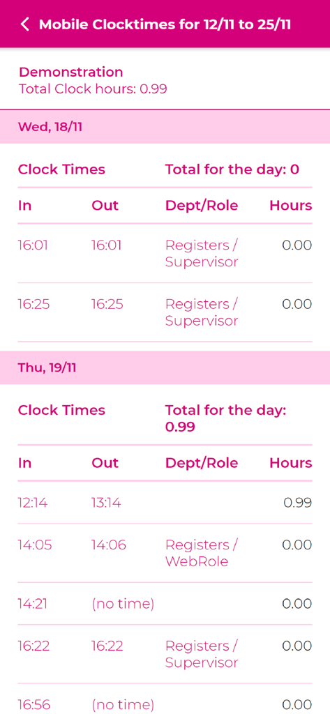 Wageloch Mobile - Interface of the Wageloch Mobile app showing a log of employee clock in and clock out times with department roles and hours worked