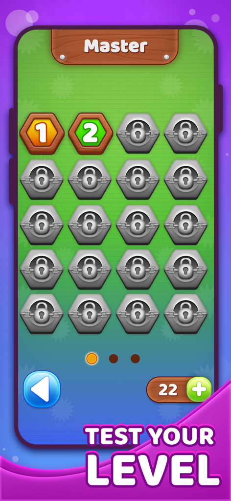 Hex Match: Block Puzzle - Level selection screen showing Master category with locked hexagonal icons