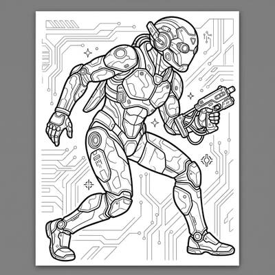 Embark on a covert mission with this thrilling coloring page featuring a Stealth Cyborg in a dynamic pose, armed and ready for action. This intricately detailed illustration, set against a futuristic circuit board background, is perfect for engaging teen artists.