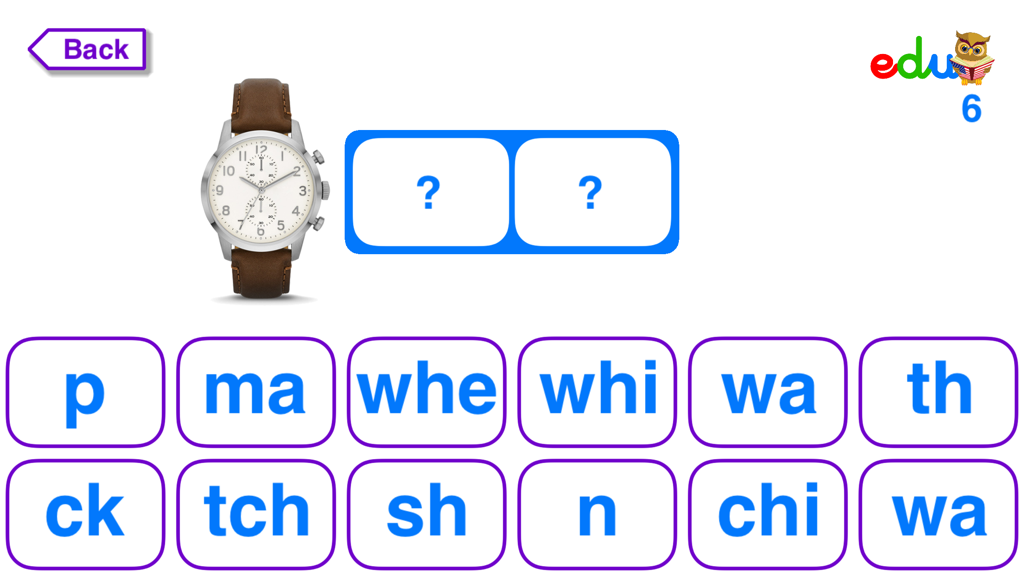 Phonics - Free - Learn to read - An educational game screen for children to learn reading by selecting correct phonics tiles to spell the word watch.