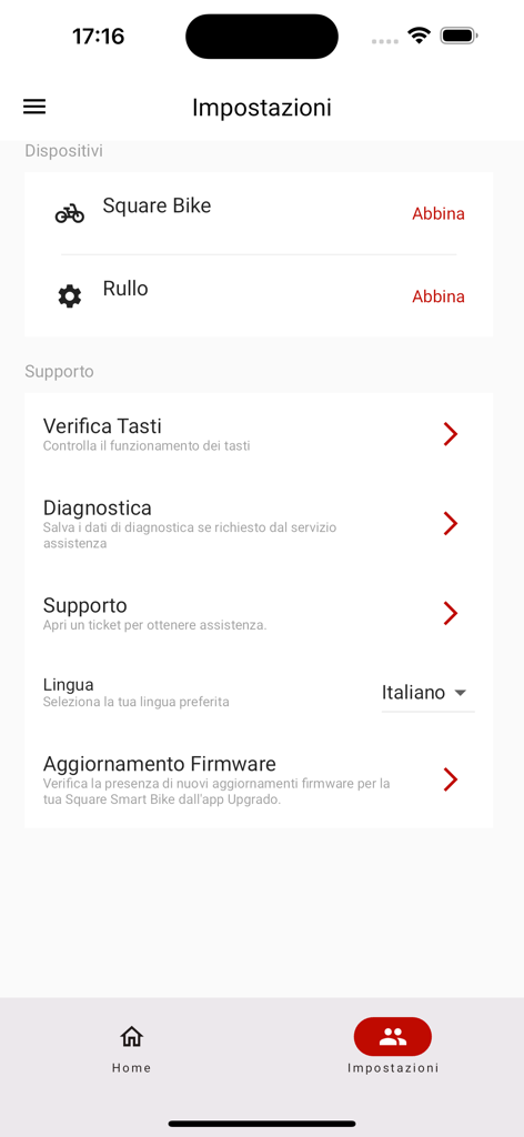 Elite Square - Settings menu of the Elite Square app showing bike and trainer pairing options