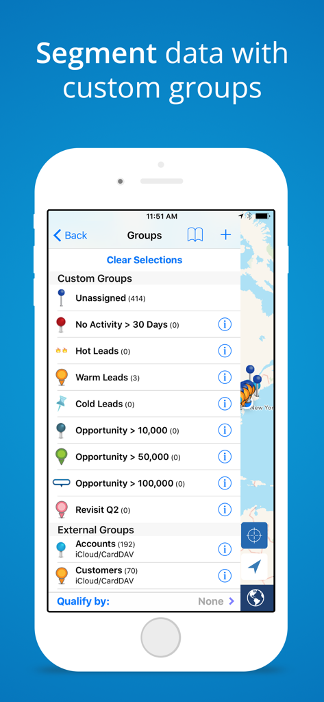 Mobile App-Bildschirm, der die Funktion benutzerdefinierter Gruppen in Mapview zeigt, um Vertriebskontakte und Geschäftsmöglichkeiten auf einer Karte zu segmentieren.