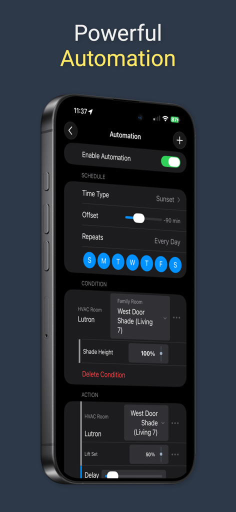 Automation settings screen in Roomie Remote X app for managing smart home devices