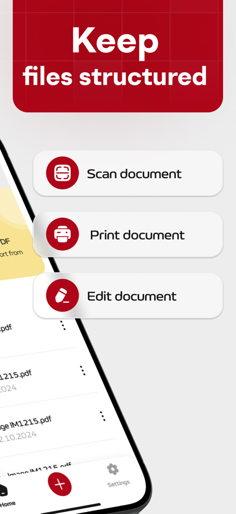 PDF Converter: Editor, Scanner - App screen showing options to scan print and edit documents with a structured list of PDF files