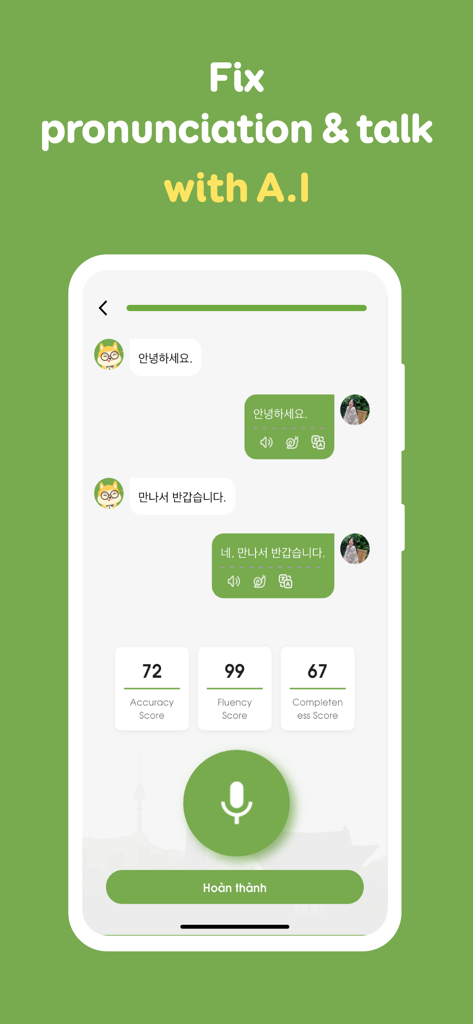 Interfaz de la aplicación HeyKorea que muestra práctica de conversación con IA con comentarios de pronunciación y puntuaciones de precisión