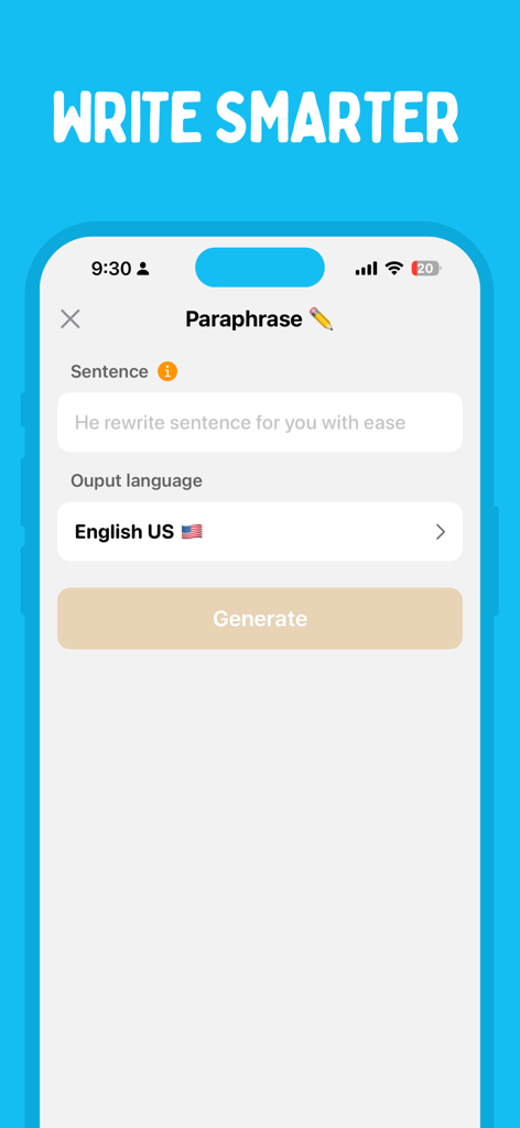 Interface of the Rephrase app showing a sentence input field and language selection for rewriting text