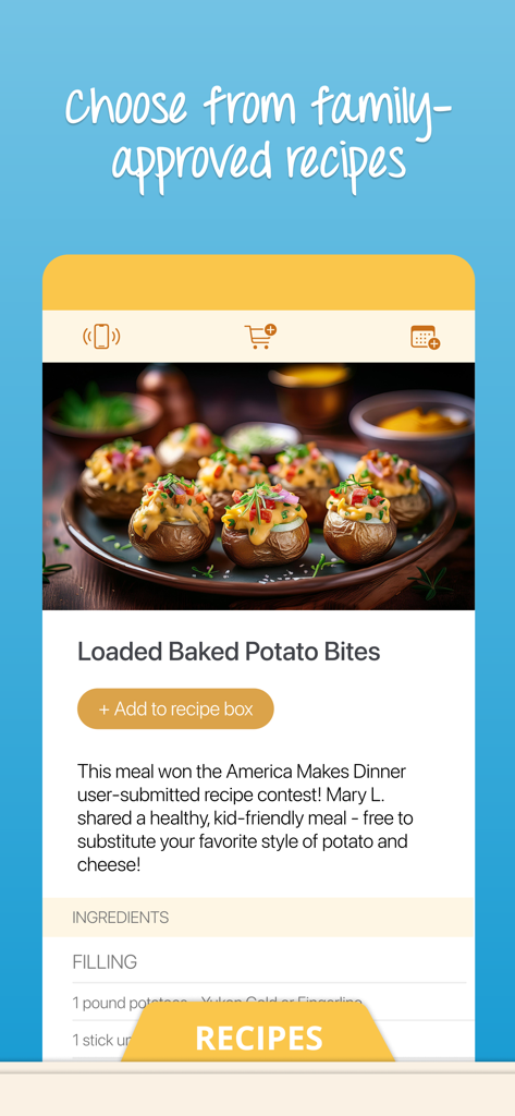 Cozi Family Organizer - La aplicación Cozi muestra una receta aprobada por la familia para Loaded Baked Potato Bites con una opción para agregarla a la caja de recetas.