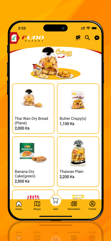 Fudo - Fudo Bakery mobile app product list screen showing various dry bread items and prices