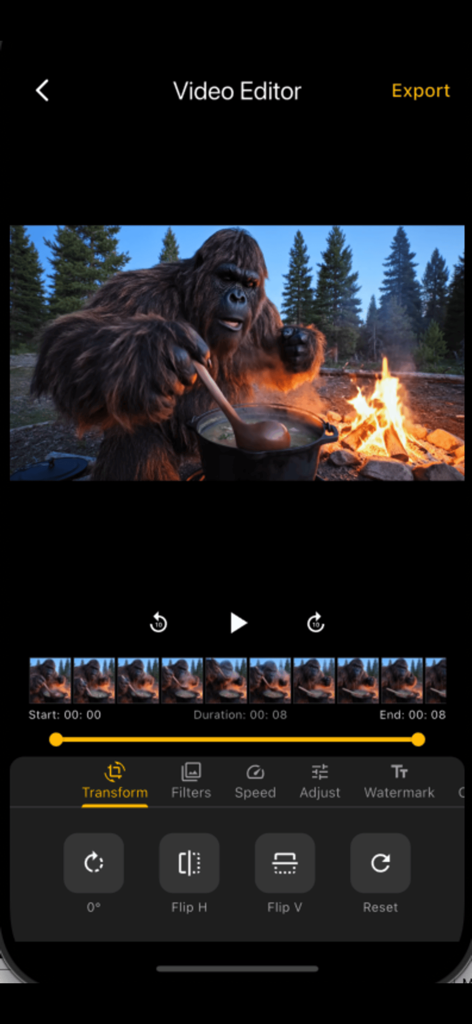 Aienvoy mobile app video editor interface showing transform tools and a video timeline of an AI generated scene.