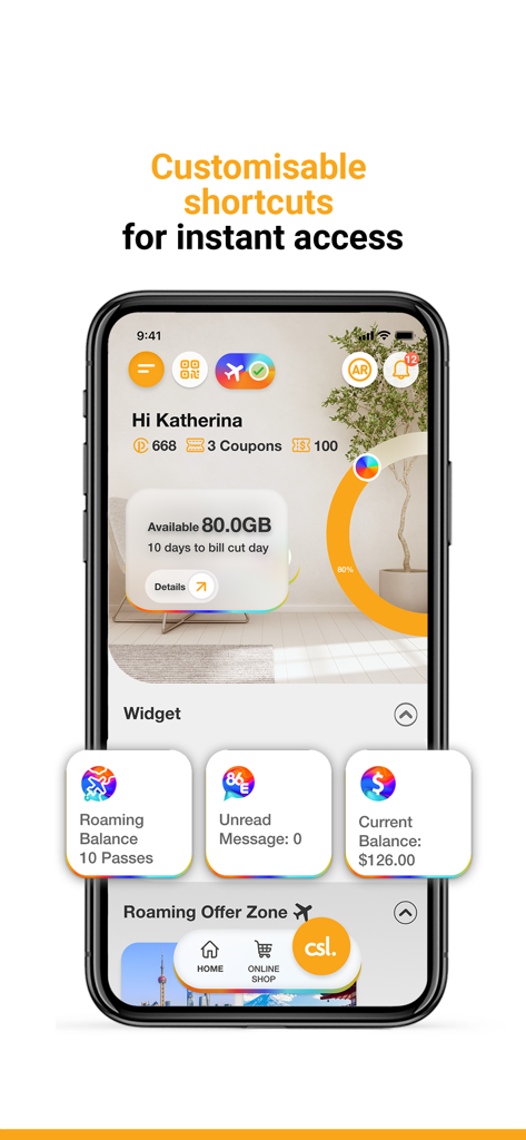 csl. - The csl mobile app dashboard showing customizable shortcuts for data usage, roaming balance, and account management.