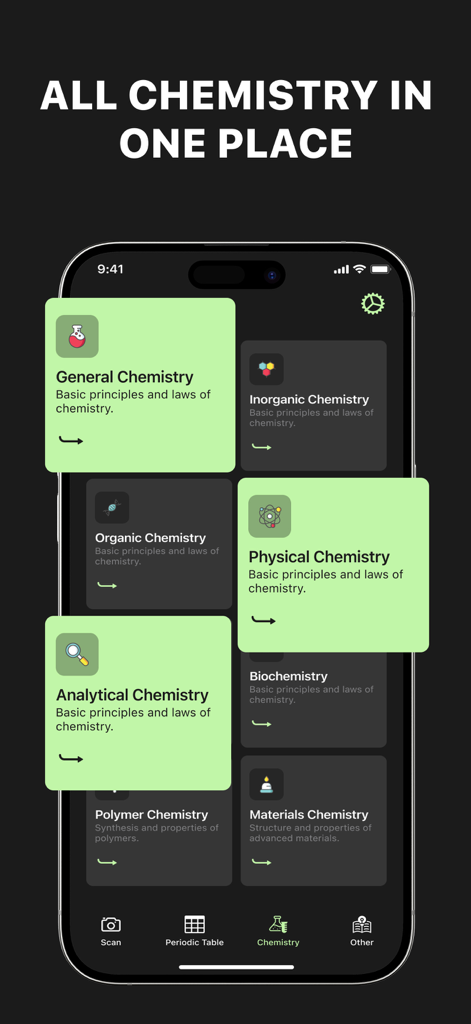 Chemistry Solver - AI Chat - Chemistry Solver mobile app interface showing various chemistry categories like General Organic and Physical Chemistry