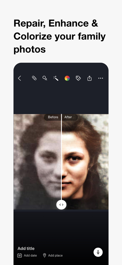 MyHeritage: Family Tree & DNA - Before and after comparison of a family portrait colorized and enhanced with AI