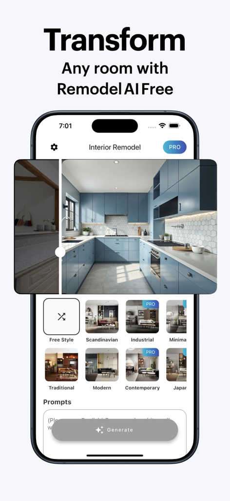 Tela do smartphone mostrando a transformação de um design de cozinha moderno e azul gerado por IA