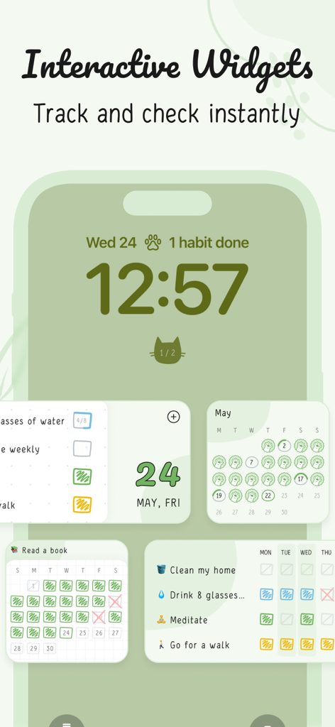 Hizo: Habit Tracker & Todo - Hizo app interactive widgets for habit tracking and tasks on a green aesthetic background