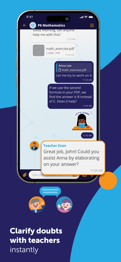 Geniebook: Online Learning App - A screenshot of Geniebook GenieAsk feature showing a real-time chat between a teacher and students for mathematics homework support