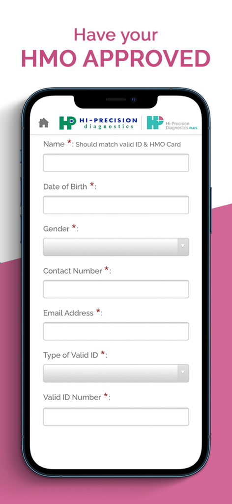 Hi-Precision - A mobile screen showing a medical app registration form for HMO approval with fields for personal information and identification.