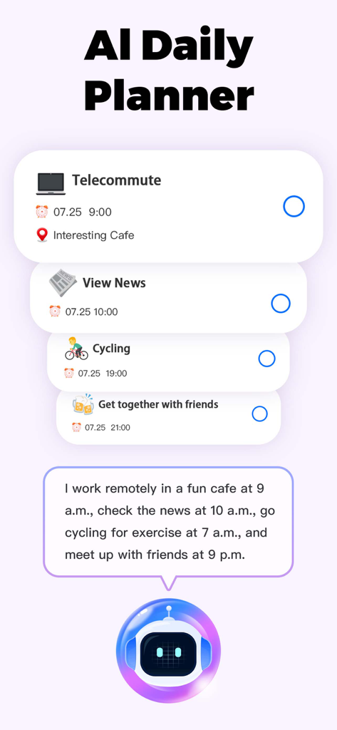 To Do List & Calendar TodoTick - TodoTick KI-Tagesplaner-Oberfläche, die automatisierte Aufgabenplanung und einen Roboterassistenten zeigt