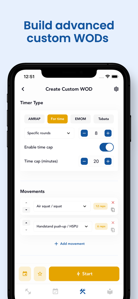 The WOD Generator: Workout - Interface for building advanced custom CrossFit workouts with various timer types and movements in The WOD Generator app