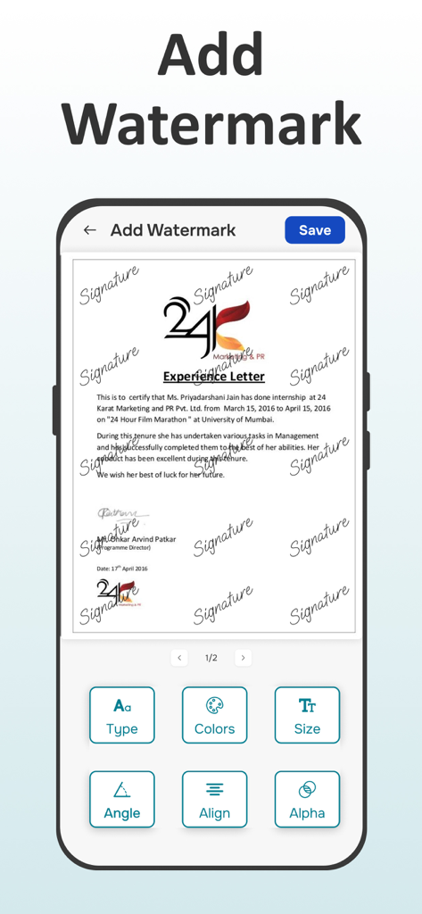 Interfaz de aplicación móvil que muestra cómo añadir y personalizar una marca de agua de firma en un documento digital